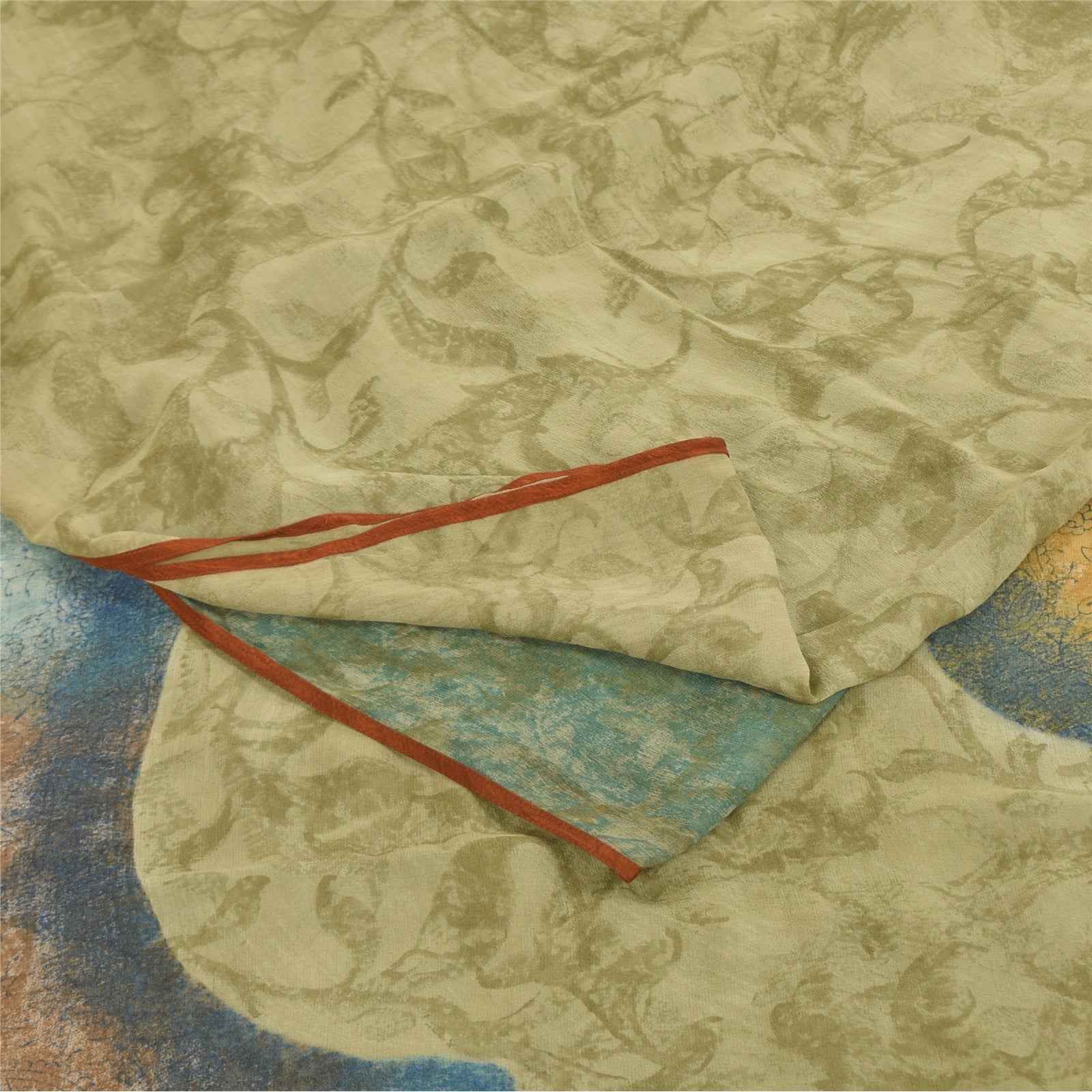 Sanskriti Vintage Sarees Green Pure Georgette Silk Print Sari 6+yd Craft Fabric