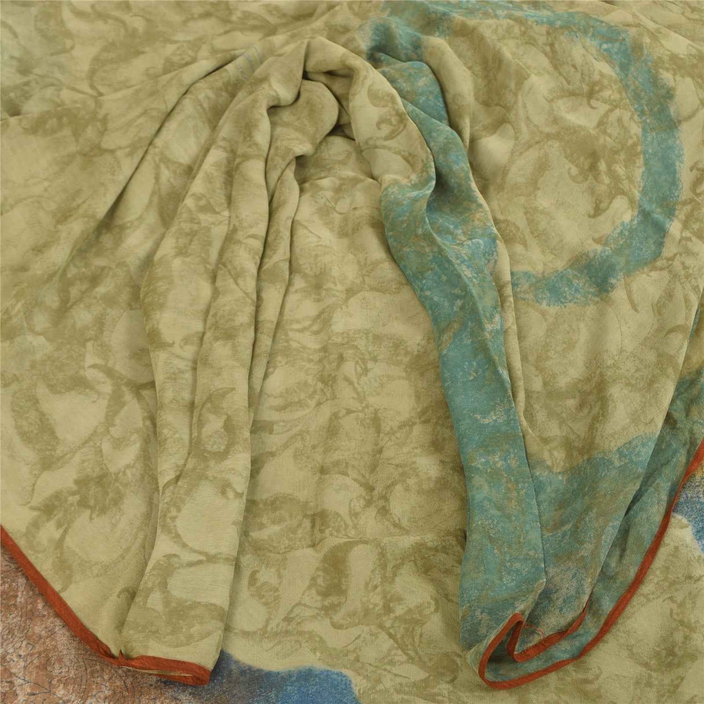 Sanskriti Vintage Sarees Green Pure Georgette Silk Print Sari 6+yd Craft Fabric