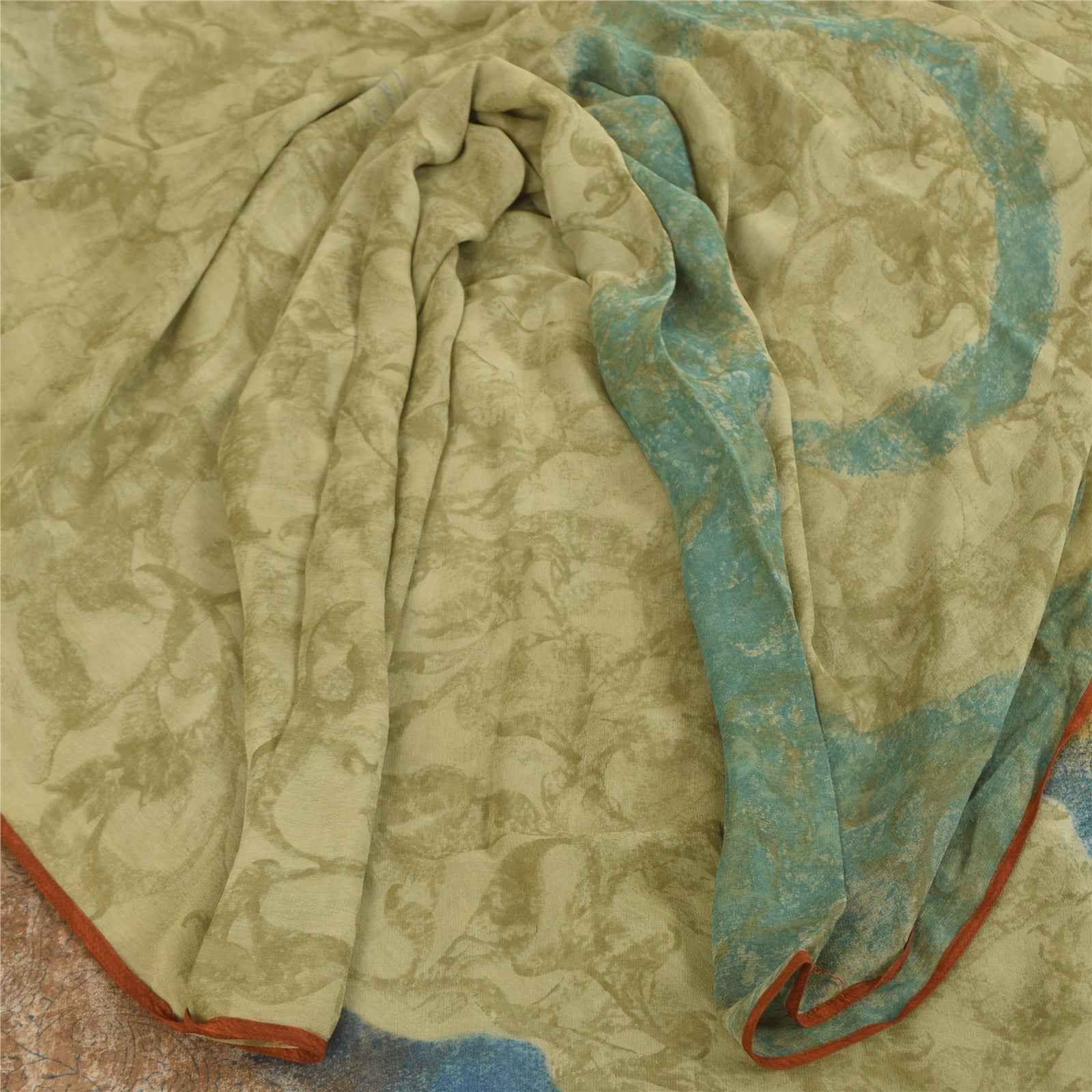 Sanskriti Vintage Sarees Green Pure Georgette Silk Print Sari 6+yd Craft Fabric