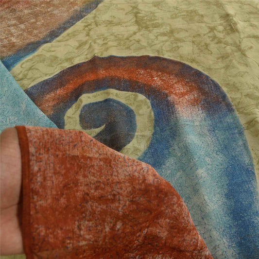 Sanskriti Vintage Sarees Green Pure Georgette Silk Print Sari 6+yd Craft Fabric