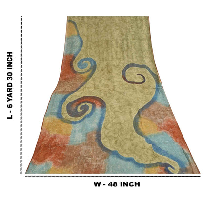 Sanskriti Vintage Sarees Green Pure Georgette Silk Print Sari 6+yd Craft Fabric