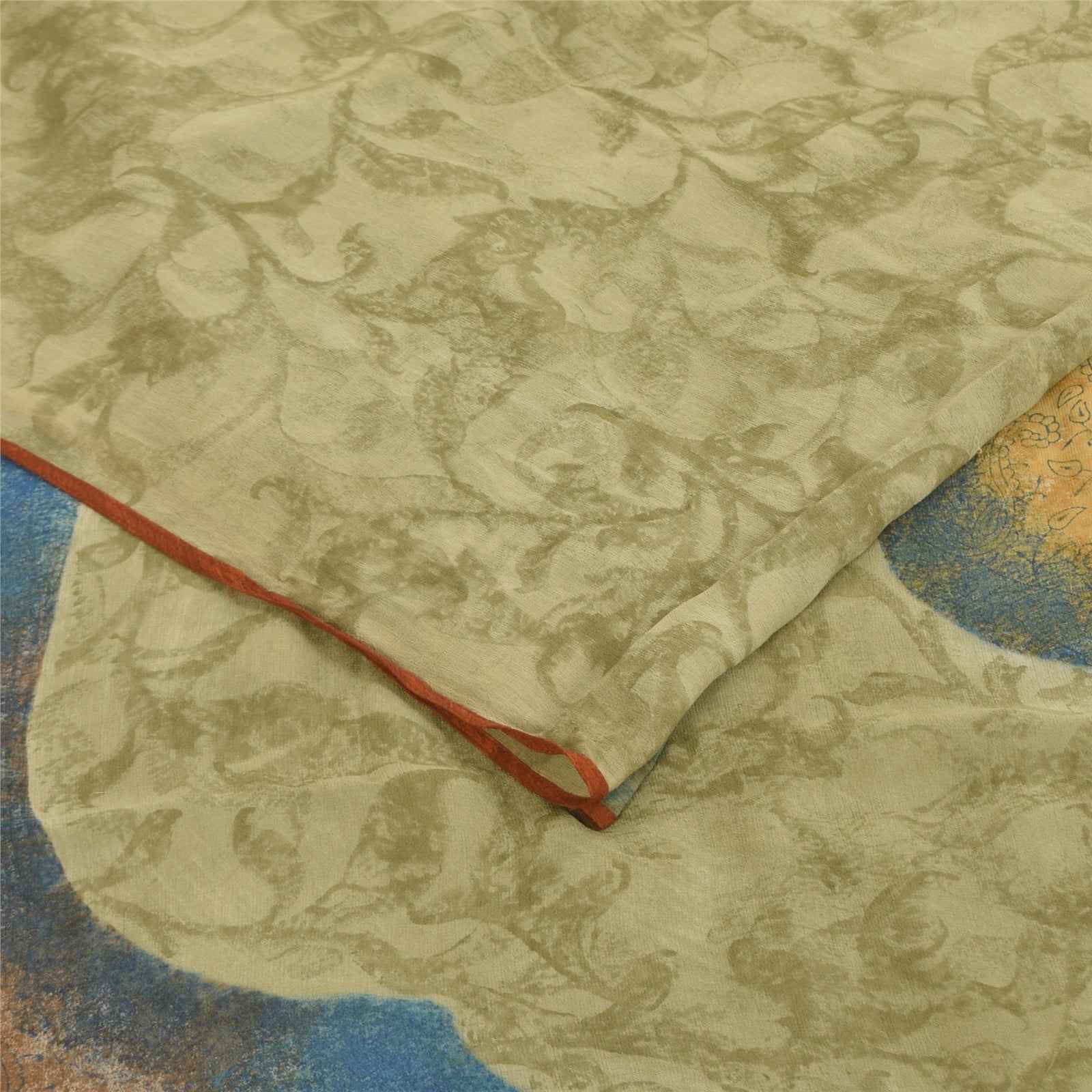 Sanskriti Vintage Sarees Green Pure Georgette Silk Print Sari 6+yd Craft Fabric