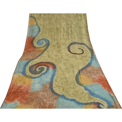 Sanskriti Vintage Sarees Green Pure Georgette Silk Print Sari 6+yd Craft Fabric