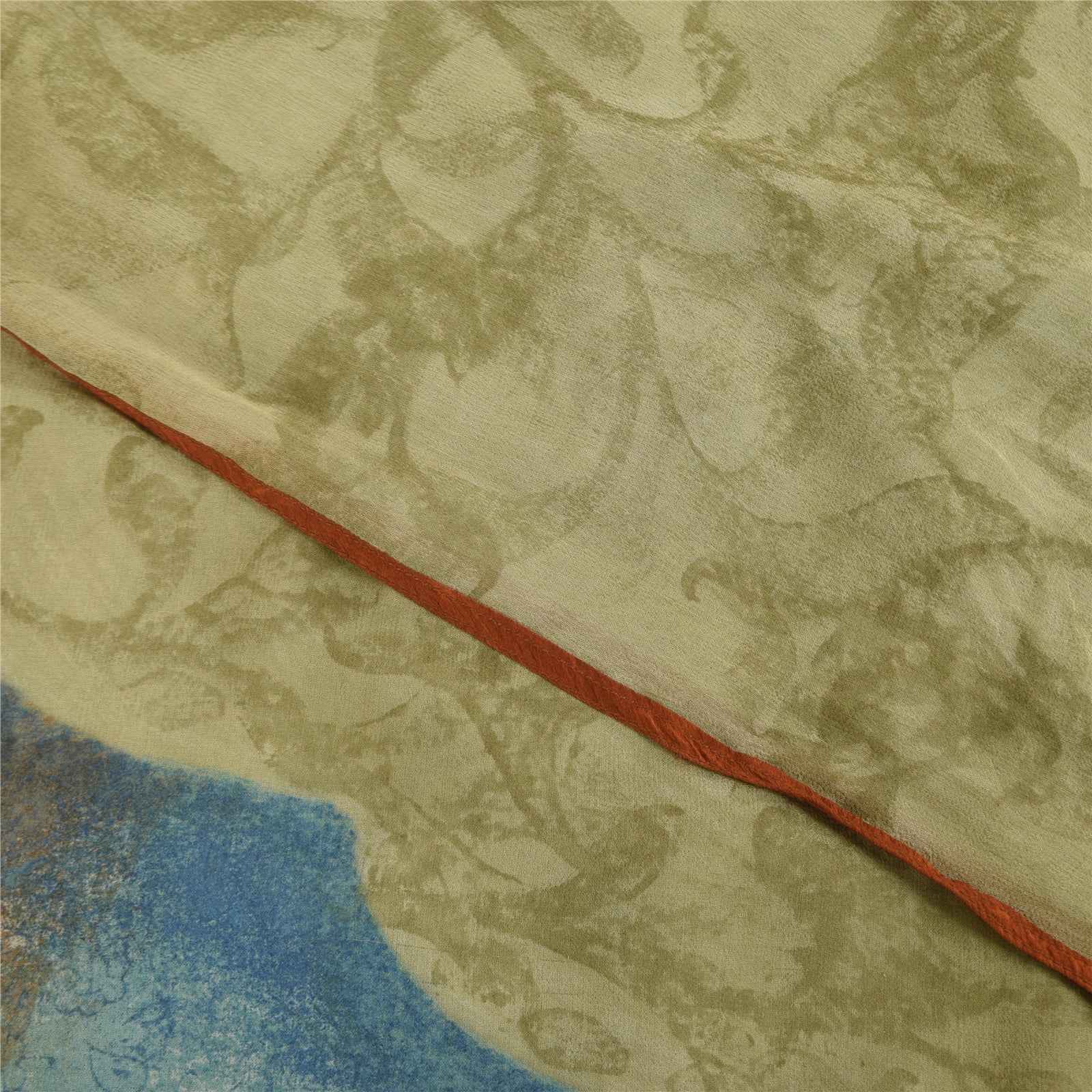 Sanskriti Vintage Sarees Green Pure Georgette Silk Print Sari 6+yd Craft Fabric