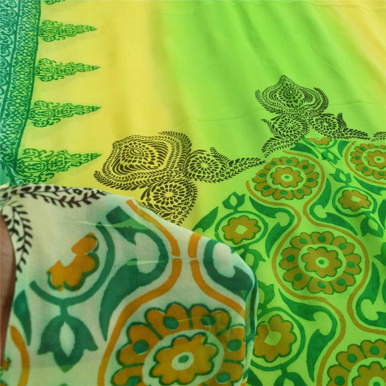 Sanskriti Vintage Sarees Green Pure Georgette Silk Print Sari 6+yd Craft Fabric