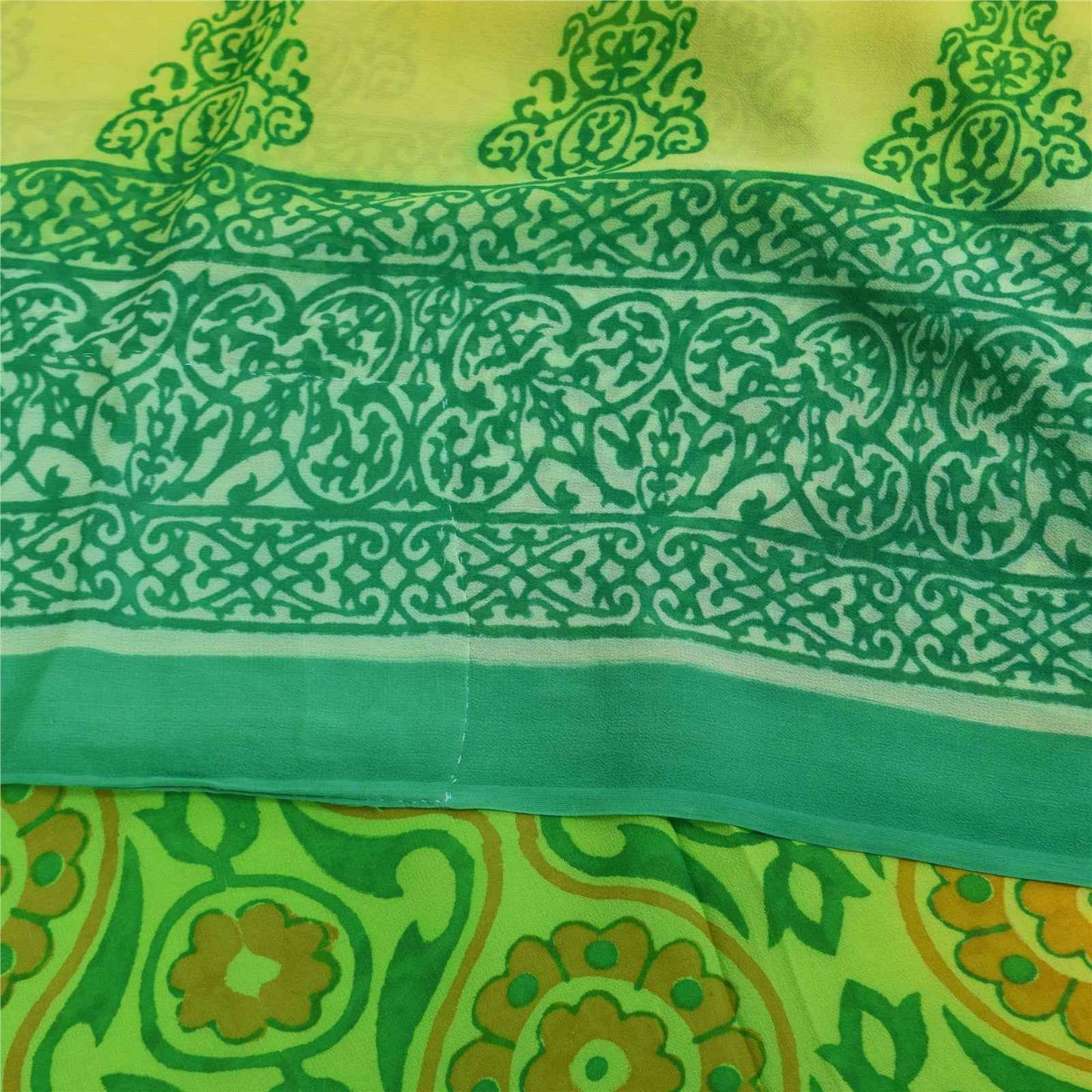 Sanskriti Vintage Sarees Green Pure Georgette Silk Print Sari 6+yd Craft Fabric