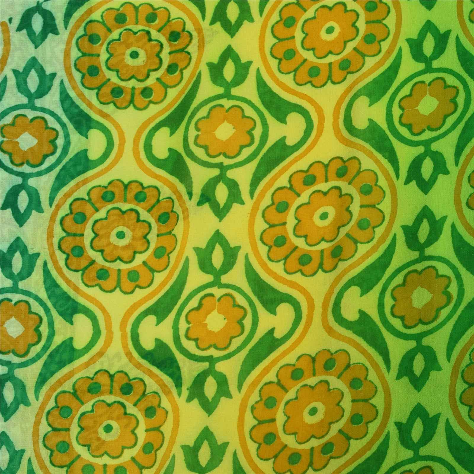 Sanskriti Vintage Sarees Green Pure Georgette Silk Print Sari 6+yd Craft Fabric