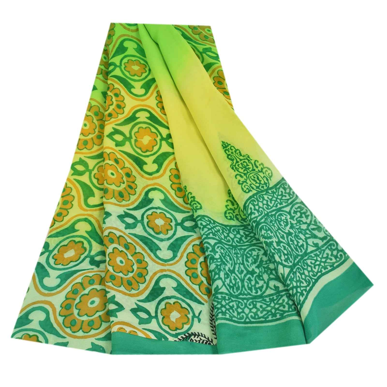 Sanskriti Vintage Sarees Green Pure Georgette Silk Print Sari 6+yd Craft Fabric