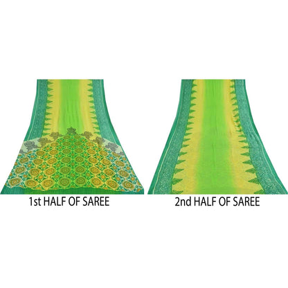 Sanskriti Vintage Sarees Green Pure Georgette Silk Print Sari 6+yd Craft Fabric