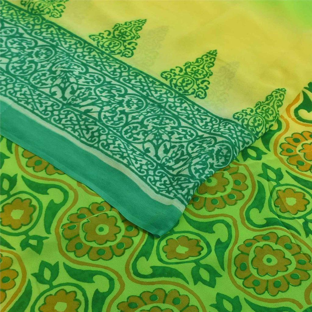 Sanskriti Vintage Sarees Green Pure Georgette Silk Print Sari 6+yd Craft Fabric