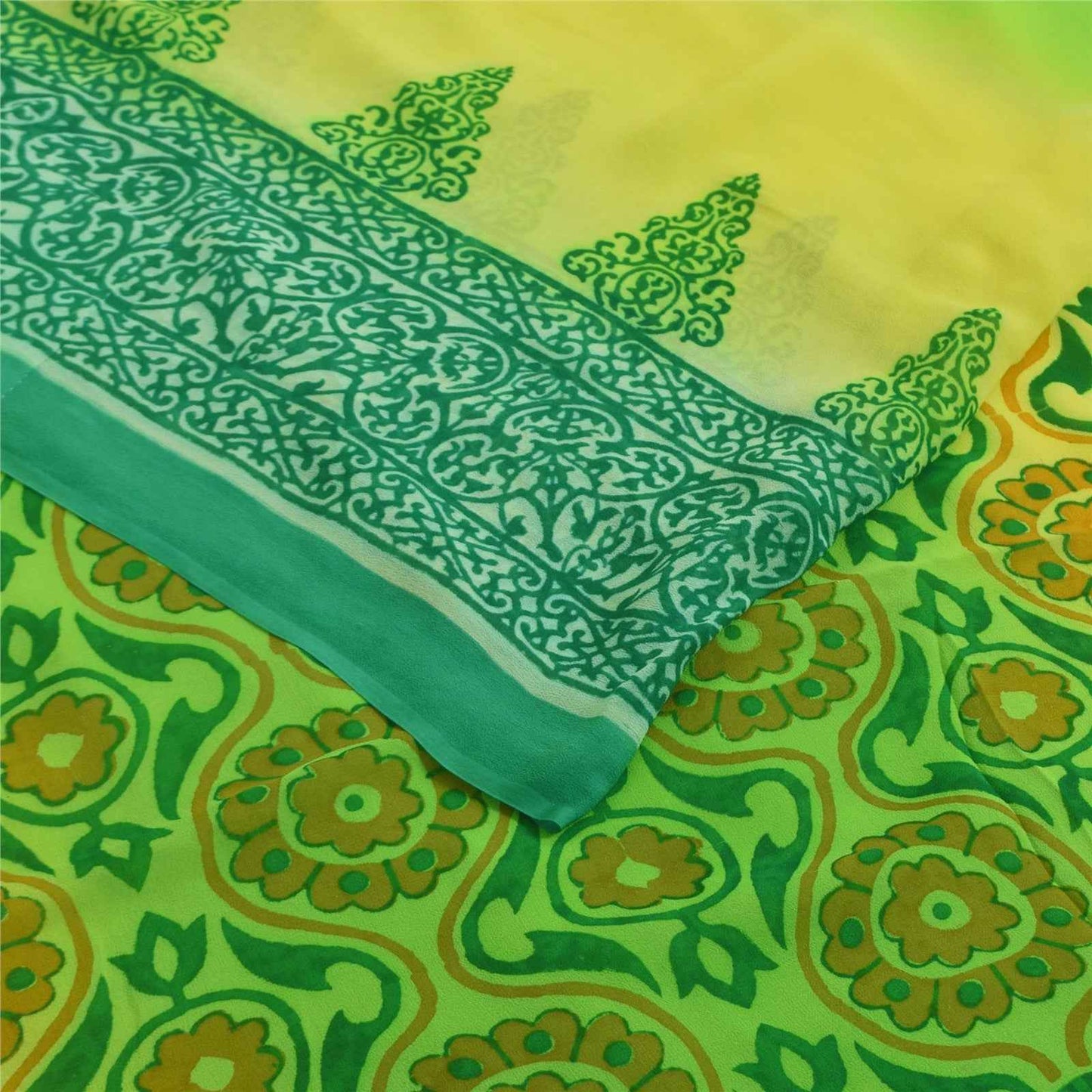 Sanskriti Vintage Sarees Green Pure Georgette Silk Print Sari 6+yd Craft Fabric