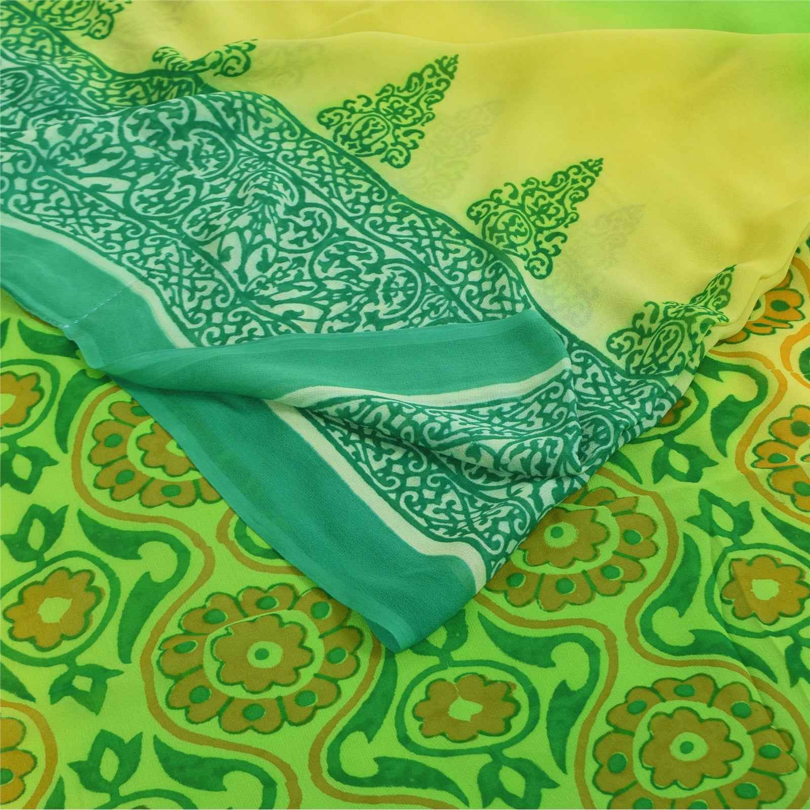 Sanskriti Vintage Sarees Green Pure Georgette Silk Print Sari 6+yd Craft Fabric