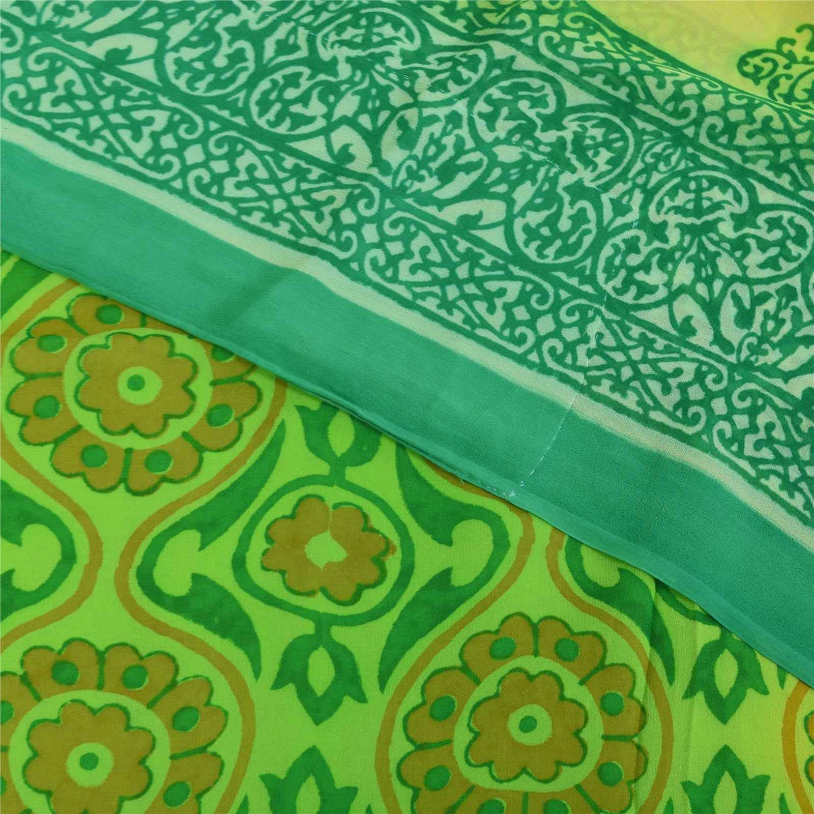 Sanskriti Vintage Sarees Green Pure Georgette Silk Print Sari 6+yd Craft Fabric