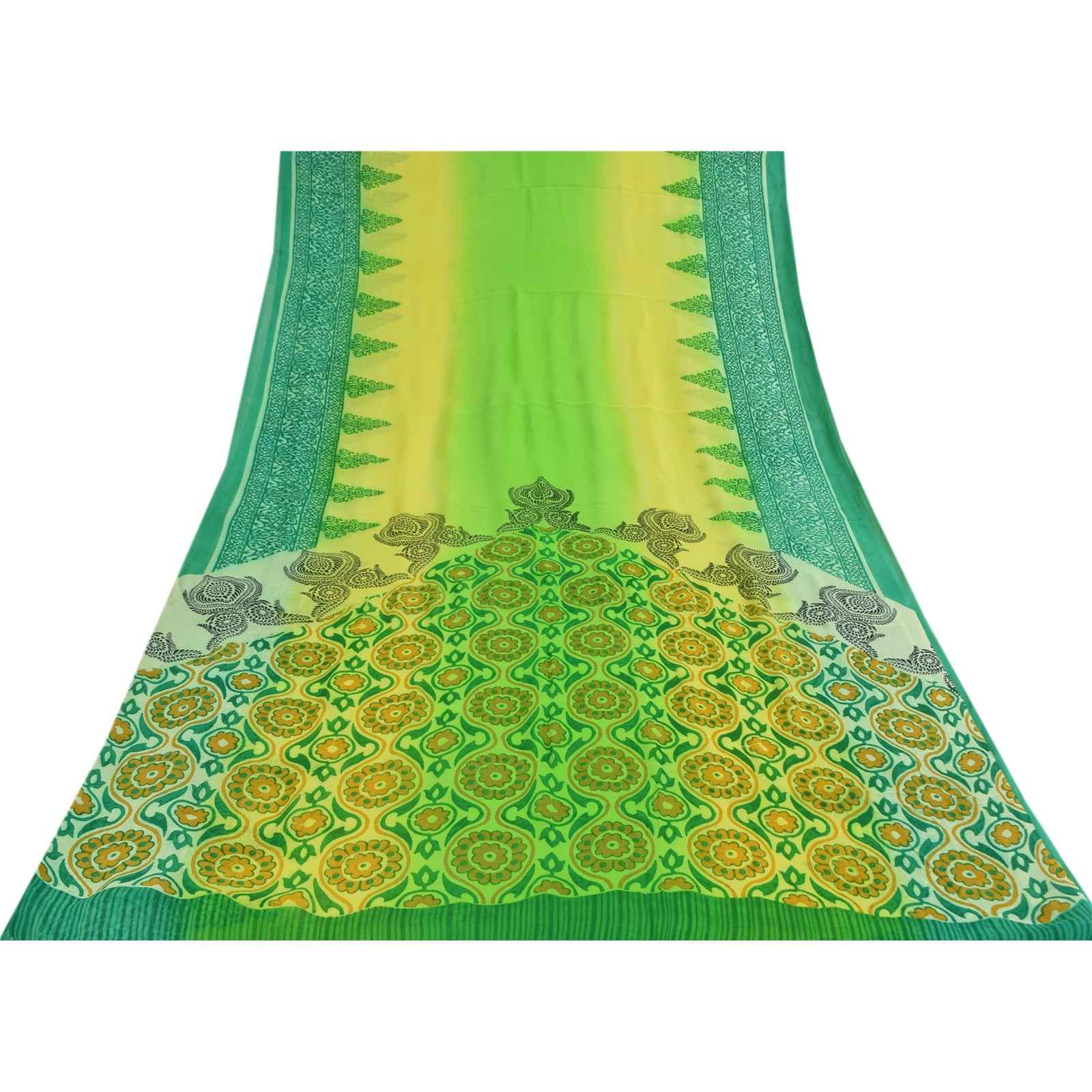 Sanskriti Vintage Sarees Green Pure Georgette Silk Print Sari 6+yd Craft Fabric