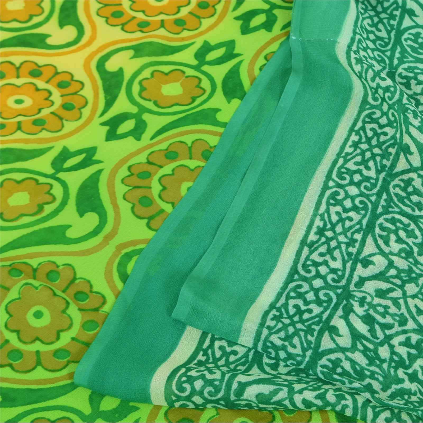 Sanskriti Vintage Sarees Green Pure Georgette Silk Print Sari 6+yd Craft Fabric
