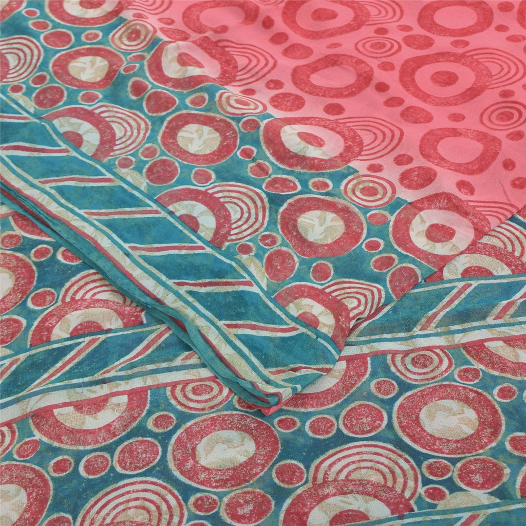 Sanskriti Vintage Sarier Røde Ren Georgette Silke Trykt Sari 6+ yard Håndværk Bæredygtigt Stoff