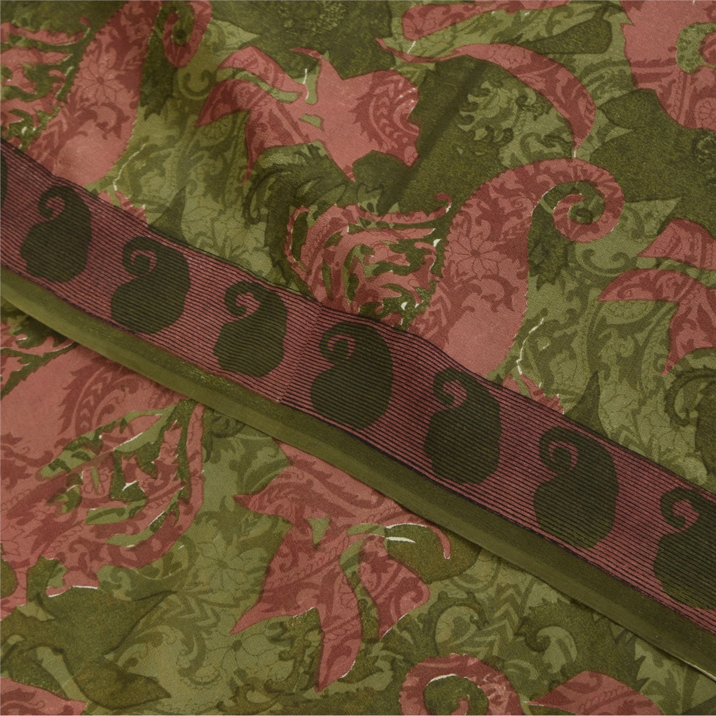 Sanskriti Vintage Sarees Green & Pink Pure Georgette Printed Sari 5+yd Sustainable Fabric