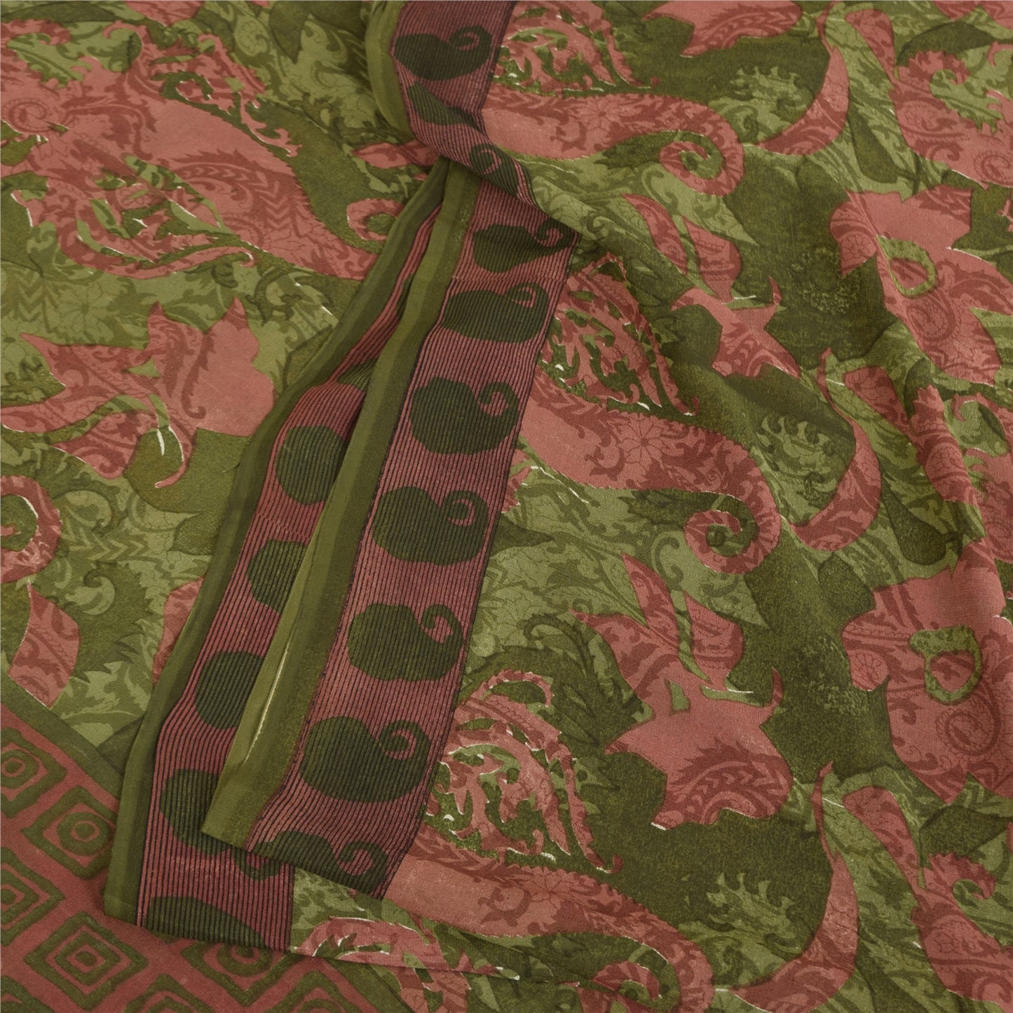 Sanskriti Vintage Sarees Green & Pink Pure Georgette Printed Sari 5+yd Sustainable Fabric