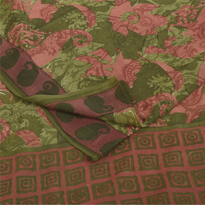 Sanskriti Vintage Sarees Green & Pink Pure Georgette Printed Sari 5+yd Sustainable Fabric