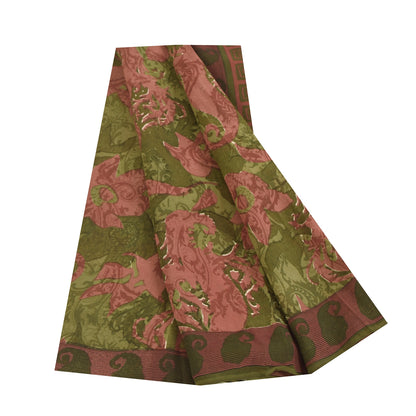 Sanskriti Vintage Sarees Green & Pink Pure Georgette Printed Sari 5+yd Sustainable Fabric