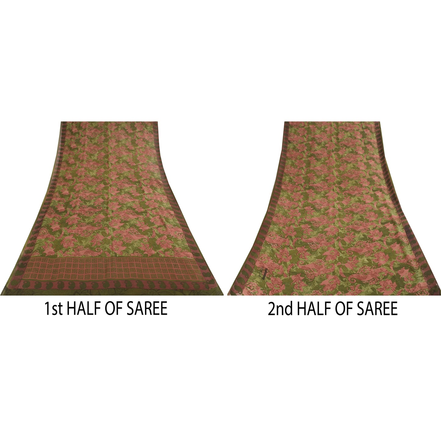 Sanskriti Vintage Sarees Green & Pink Pure Georgette Printed Sari 5+yd Sustainable Fabric