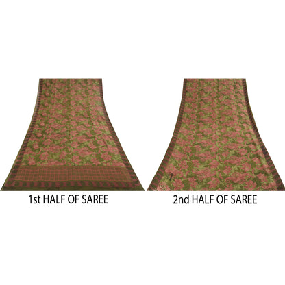 Sanskriti Vintage Sarees Green & Pink Pure Georgette Printed Sari 5+yd Sustainable Fabric