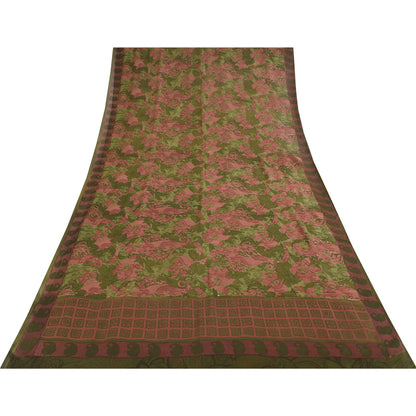 Sanskriti Vintage Sarees Green & Pink Pure Georgette Printed Sari 5+yd Sustainable Fabric