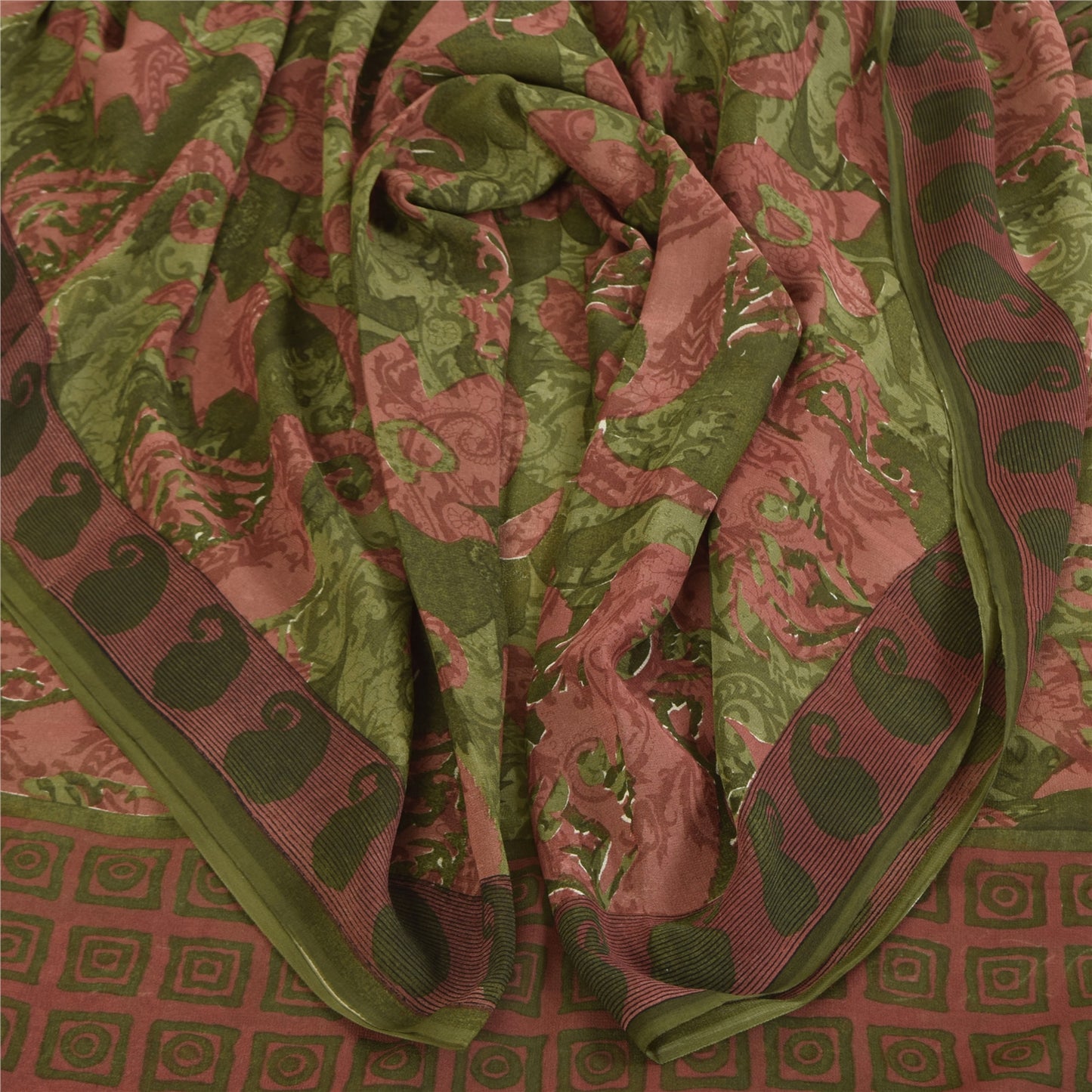 Sanskriti Vintage Sarees Green & Pink Pure Georgette Printed Sari 5+yd Sustainable Fabric