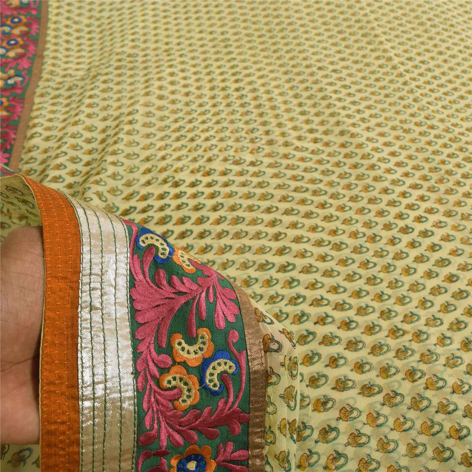 Sanskriti Vintage Sarees Cream Embroidered Pure Georgette Print Sari 6yd Fabric