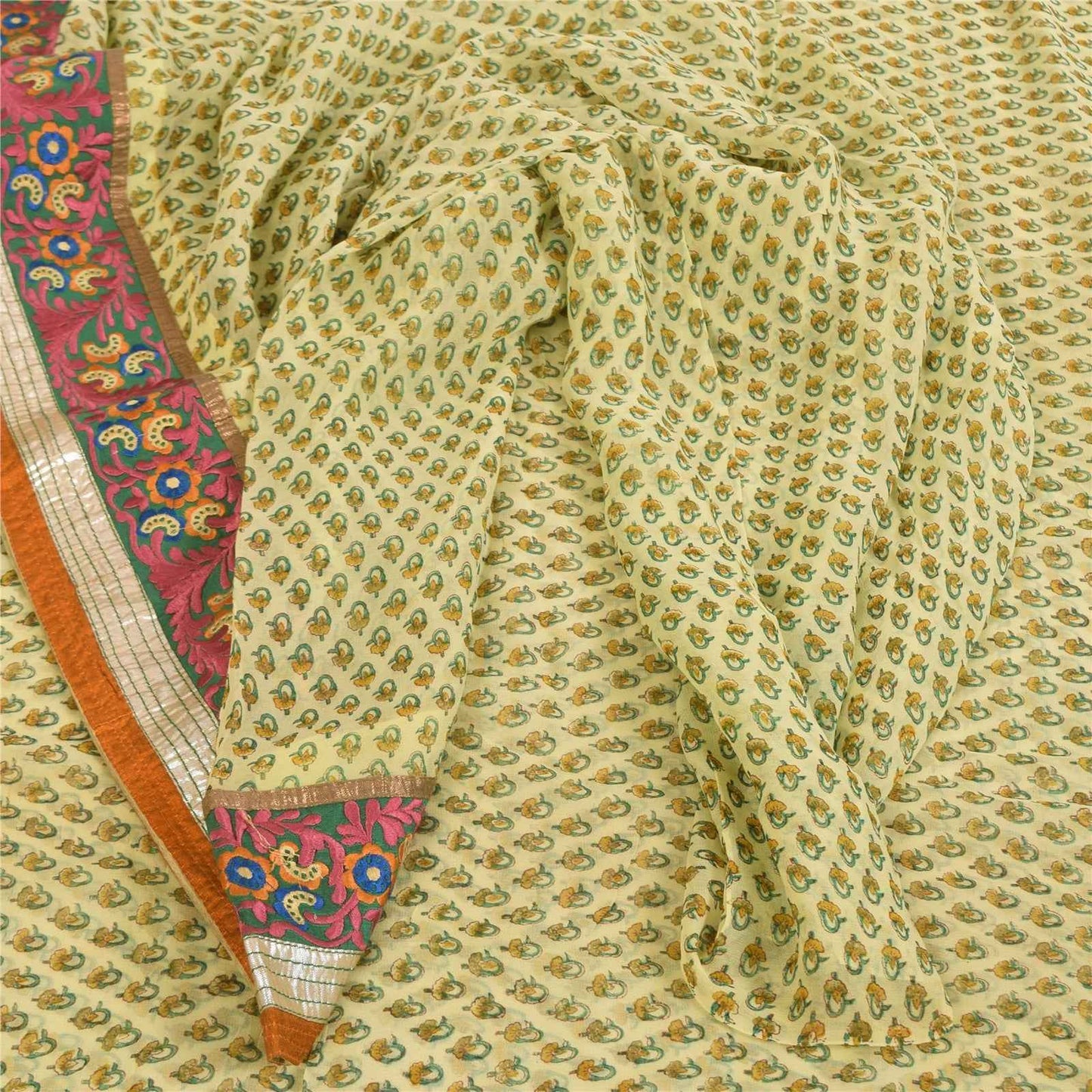 Sanskriti Vintage Sarees Cream Embroidered Pure Georgette Print Sari 6yd Fabric