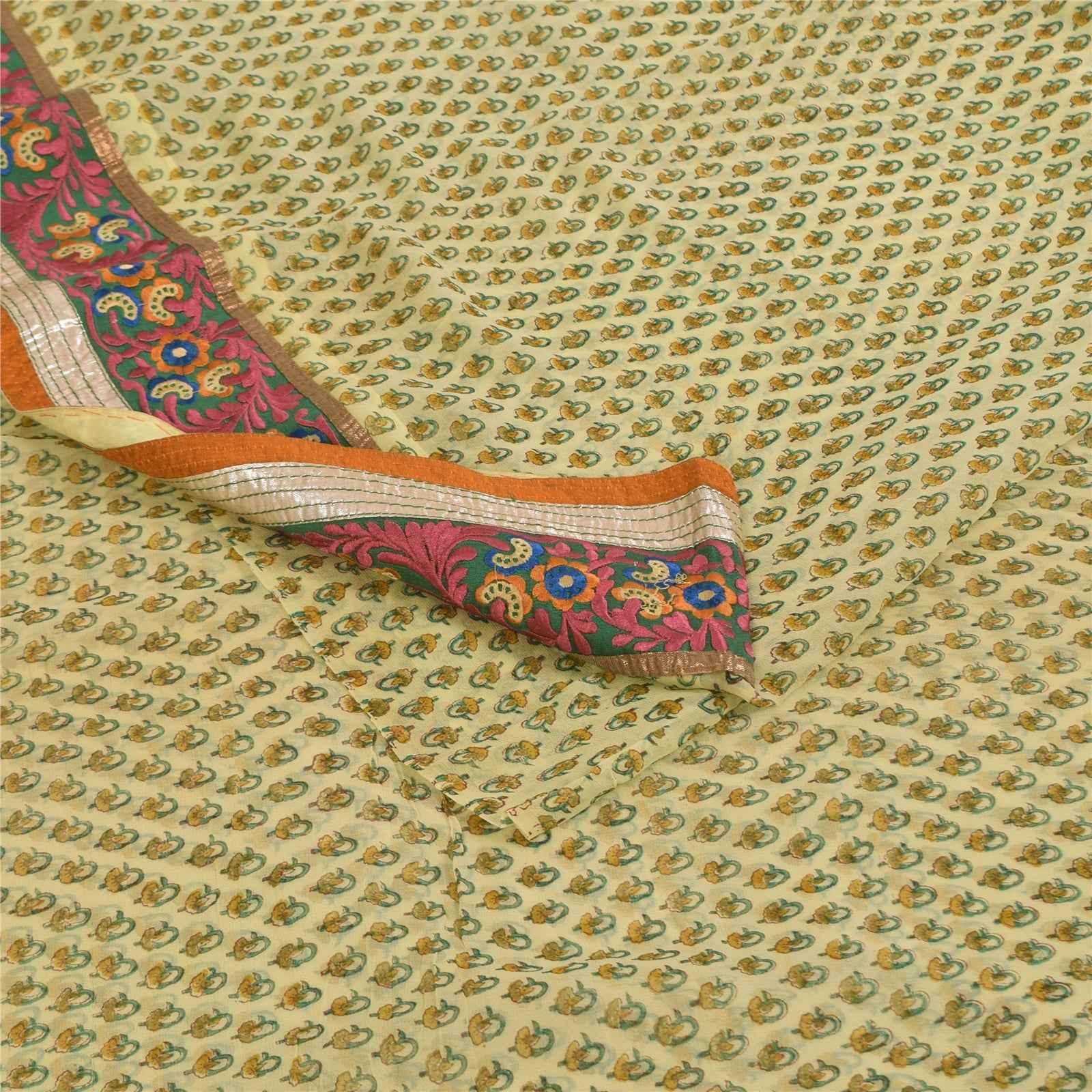 Sanskriti Vintage Sarees Cream Embroidered Pure Georgette Print Sari 6yd Fabric