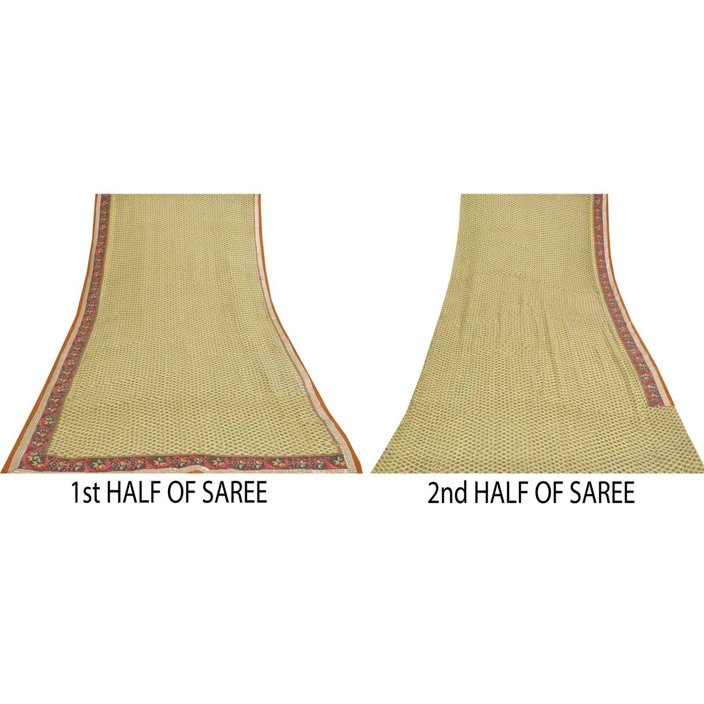 Sanskriti Vintage Sarees Cream Embroidered Pure Georgette Print Sari 6yd Fabric