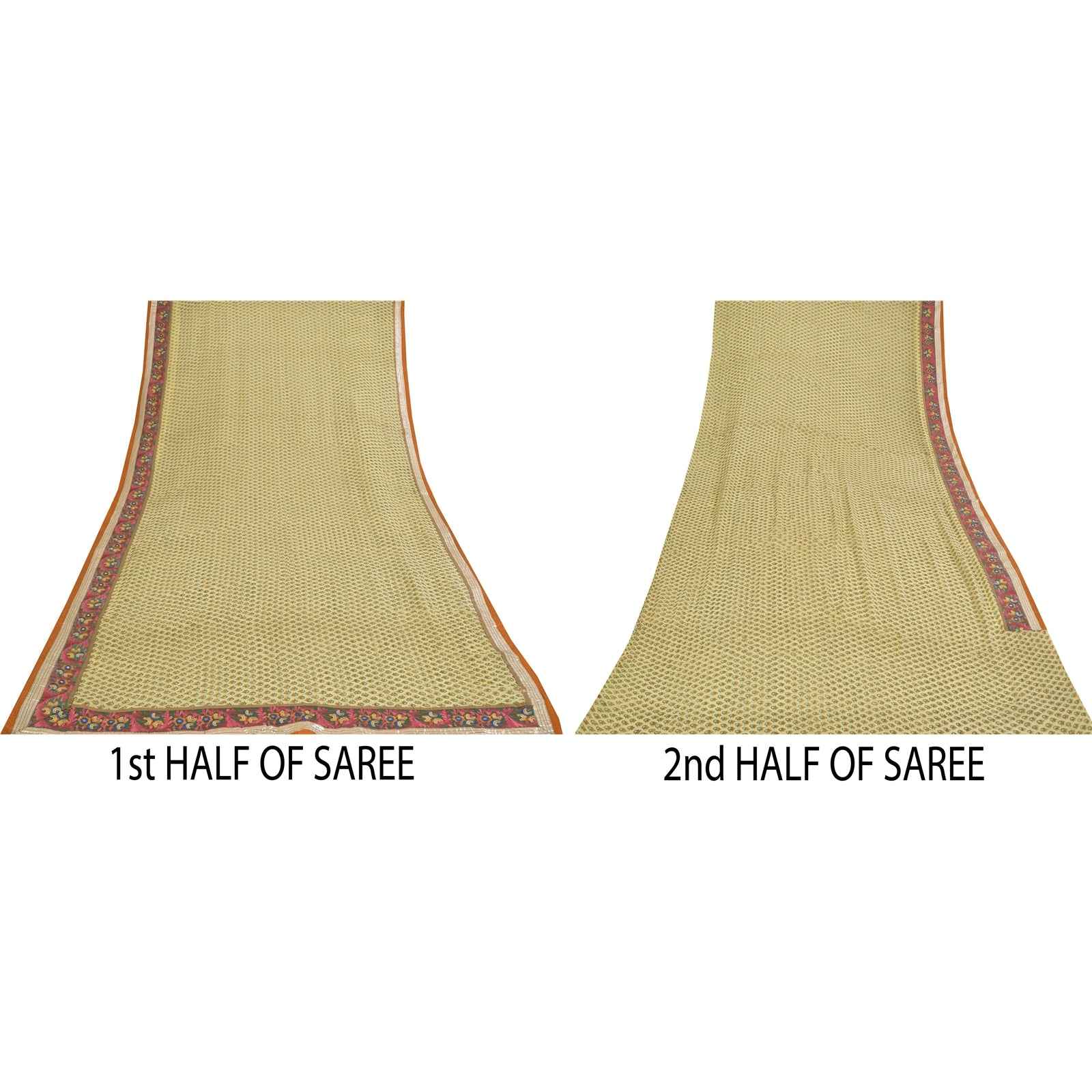 Sanskriti Vintage Sarees Cream Embroidered Pure Georgette Print Sari 6yd Fabric