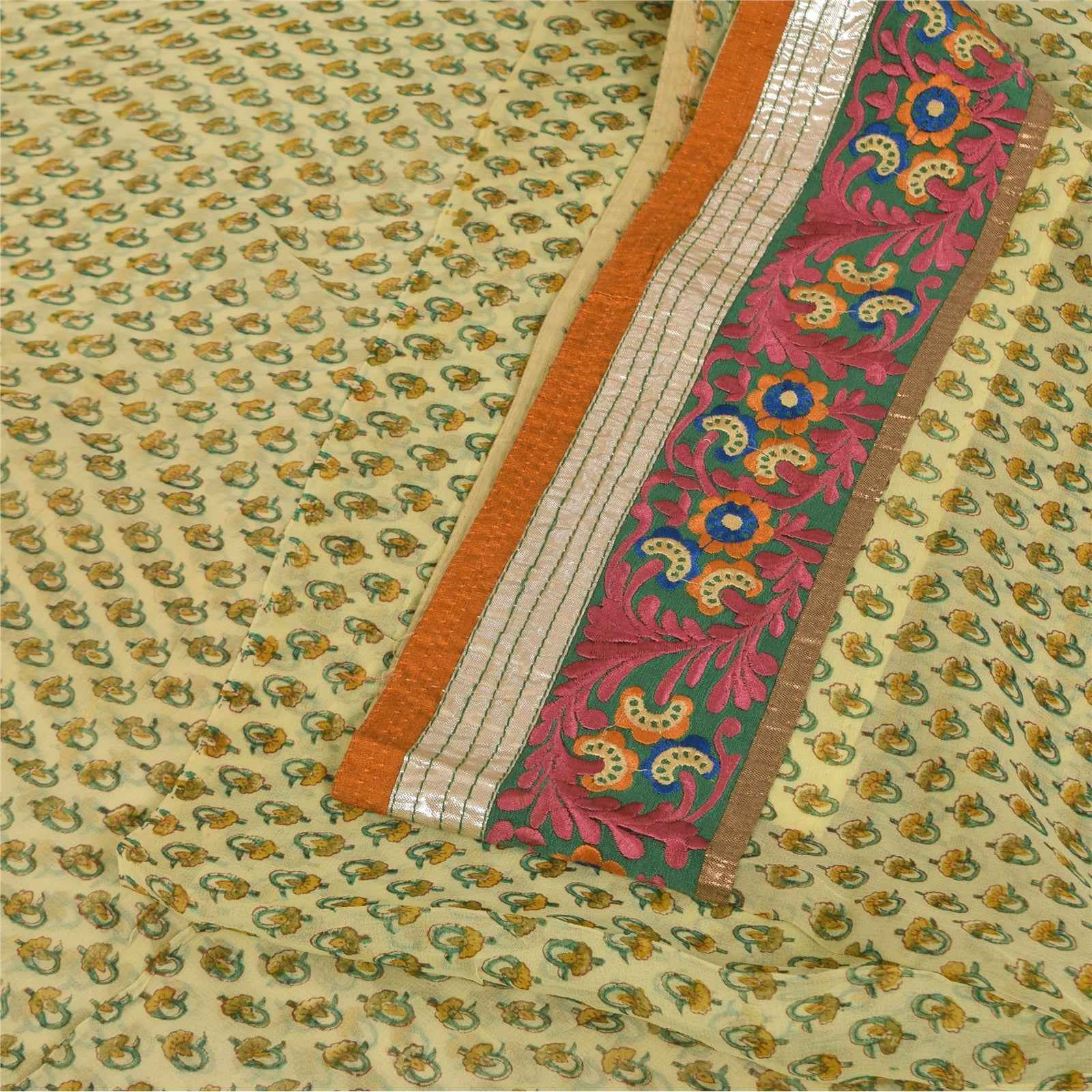 Sanskriti Vintage Sarees Cream Embroidered Pure Georgette Print Sari 6yd Fabric