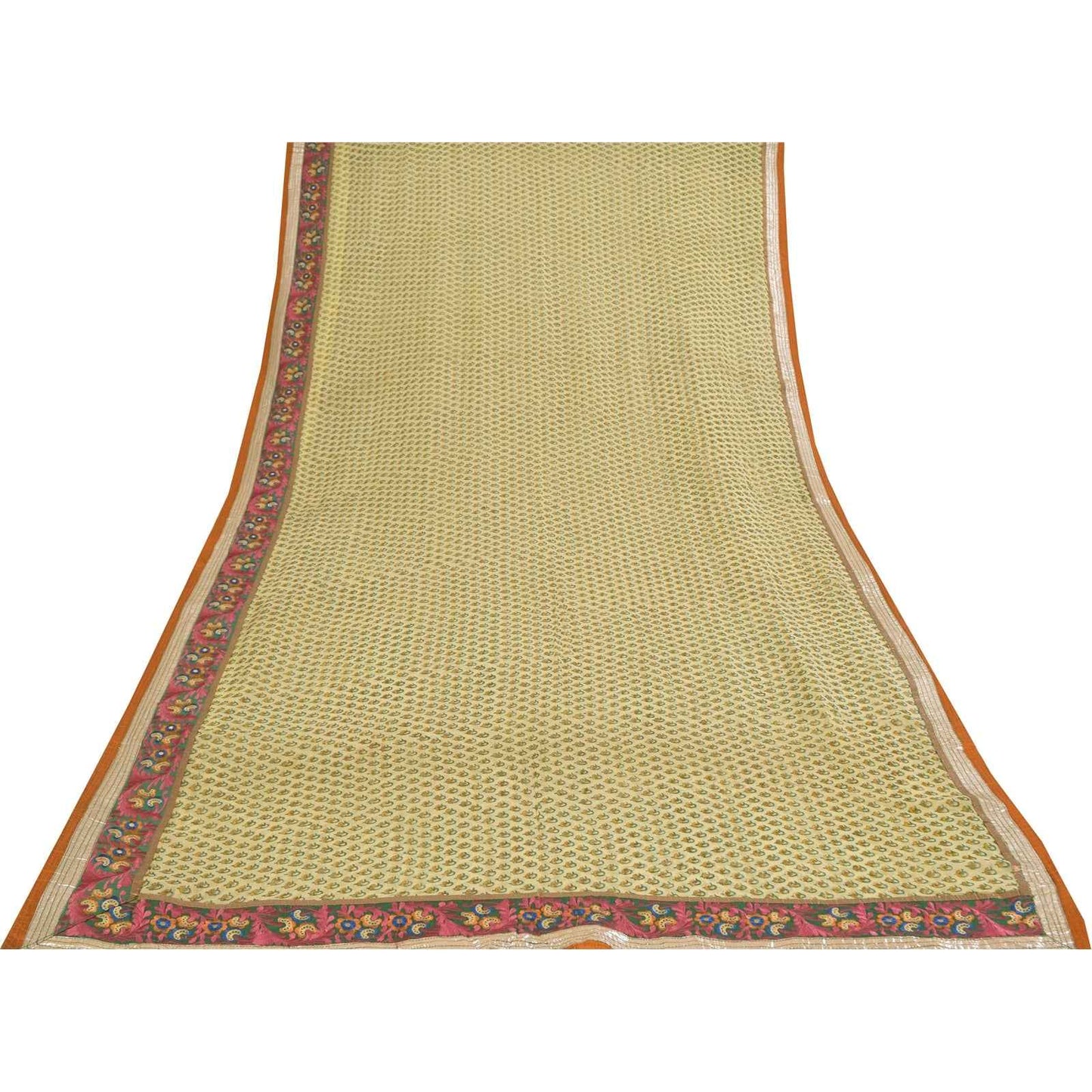 Sanskriti Vintage Sarees Cream Embroidered Pure Georgette Print Sari 6yd Fabric