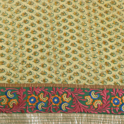 Sanskriti Vintage Sarees Cream Embroidered Pure Georgette Print Sari 6yd Fabric