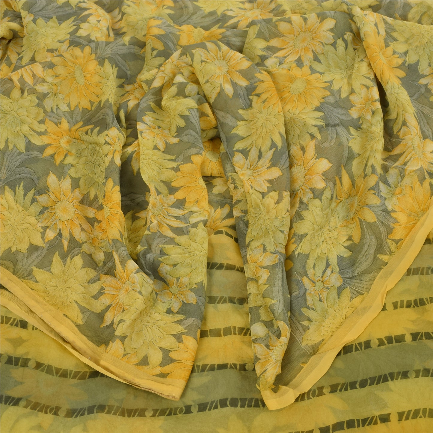 Sanskriti Vintage Sarees Gray Pure Georgette Silk Printed Sari 5+yd Craft Fabric