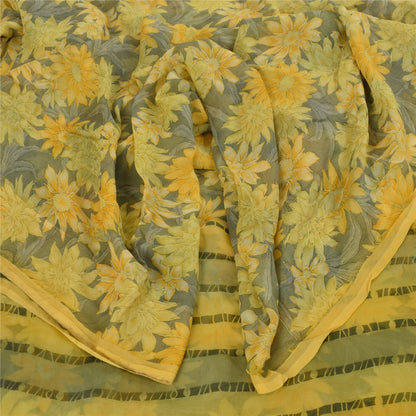 Sanskriti Vintage Sarees Gray Pure Georgette Silk Printed Sari 5+yd Craft Fabric