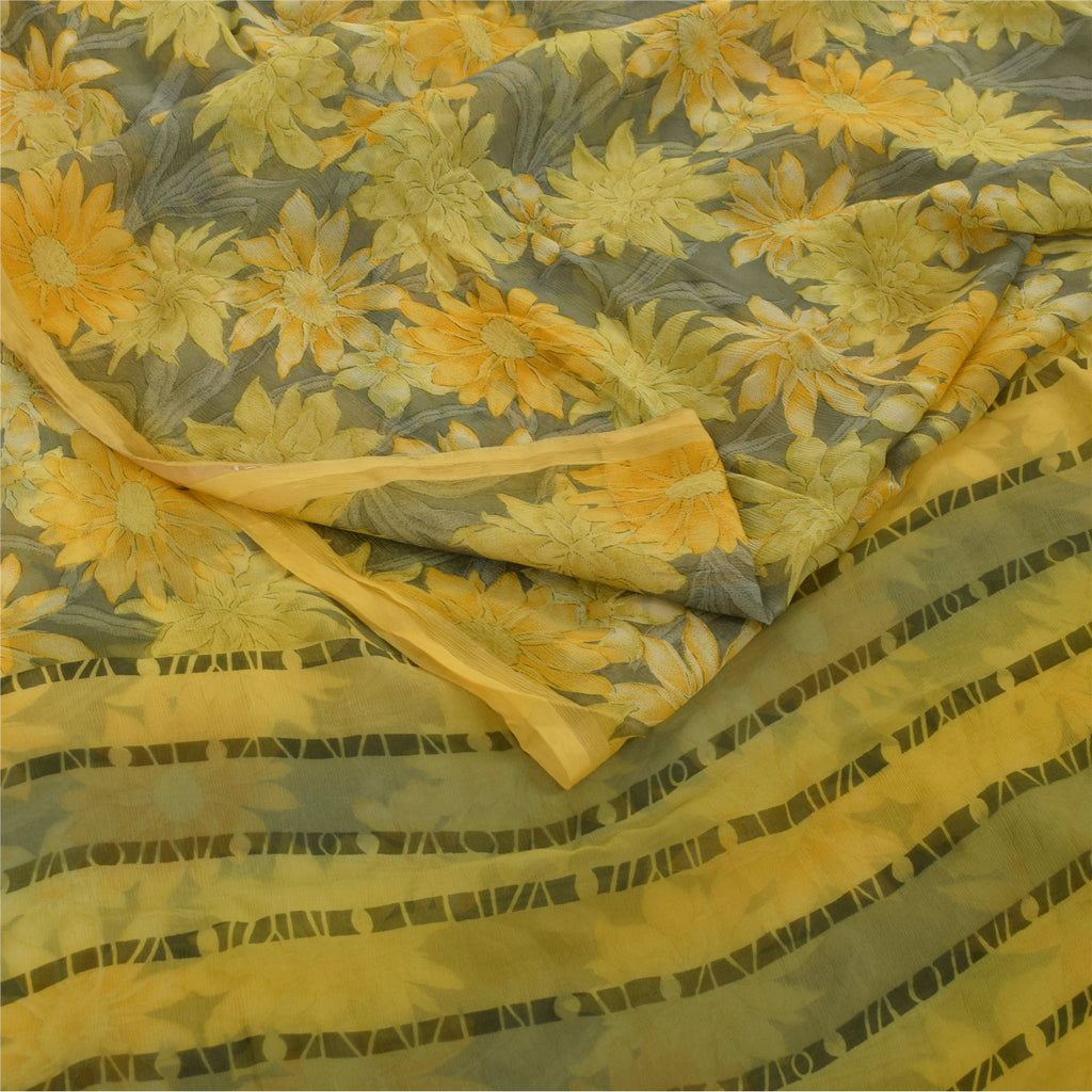 Sanskriti Vintage Sarees Gray Pure Georgette Silk Printed Sari 5+yd Craft Fabric