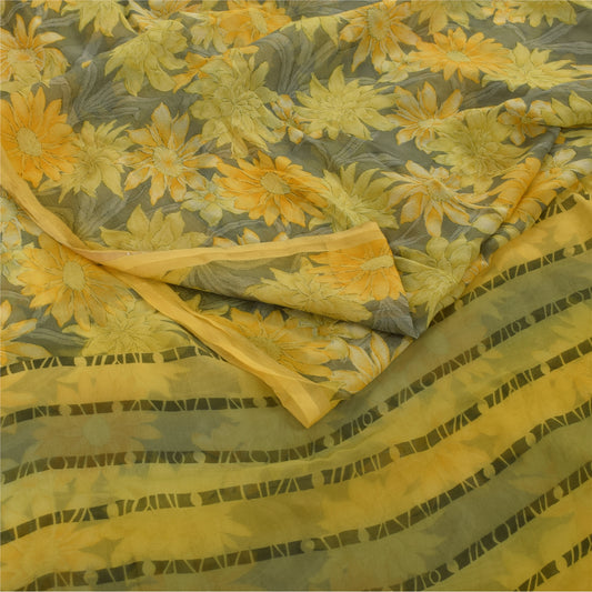 Sanskriti Vintage Sarees Gray Pure Georgette Silk Printed Sari 5+yd Craft Fabric
