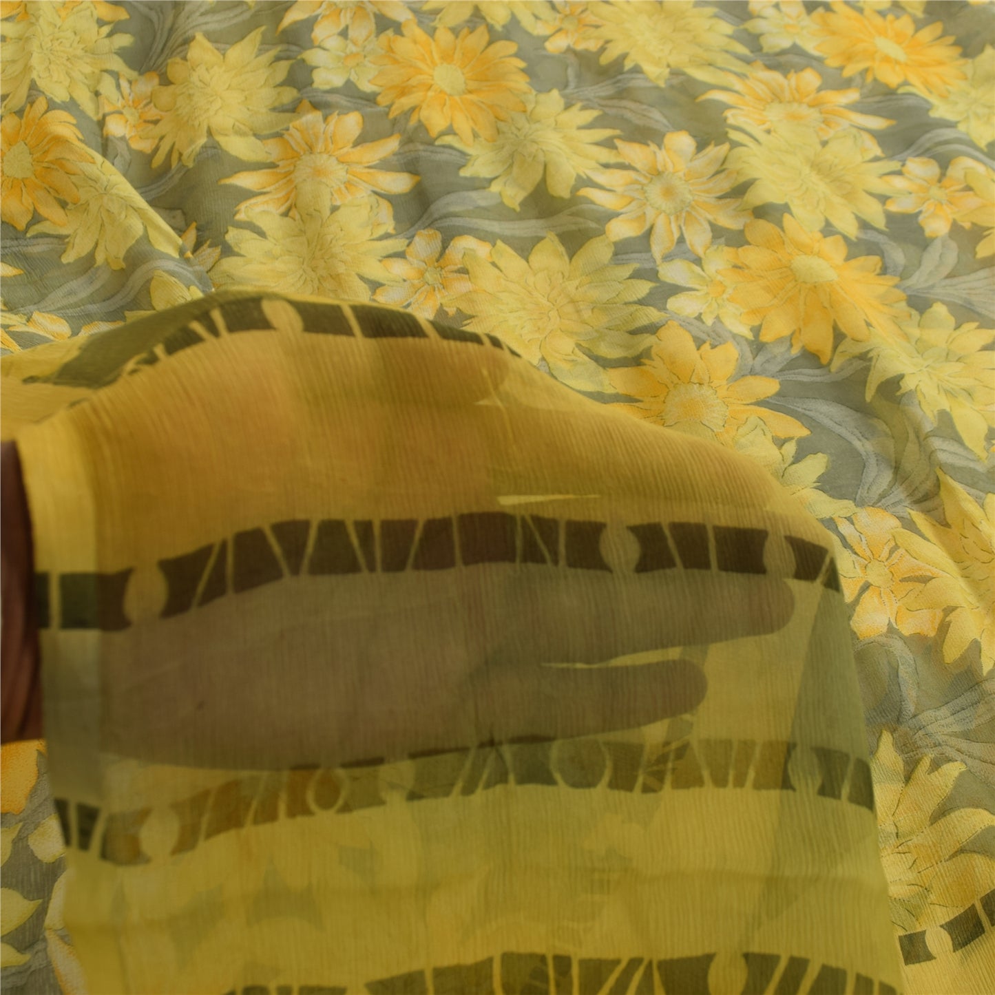 Sanskriti Vintage Sarees Gray Pure Georgette Silk Printed Sari 5+yd Craft Fabric