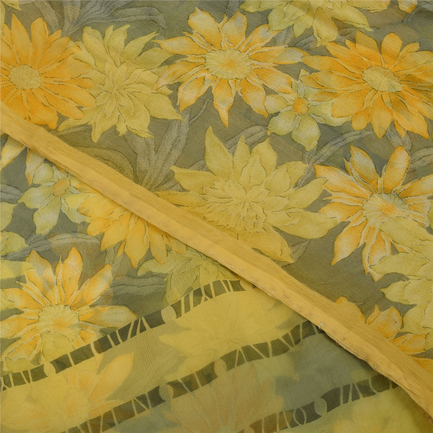 Sanskriti Vintage Sarees Gray Pure Georgette Silk Printed Sari 5+yd Craft Fabric