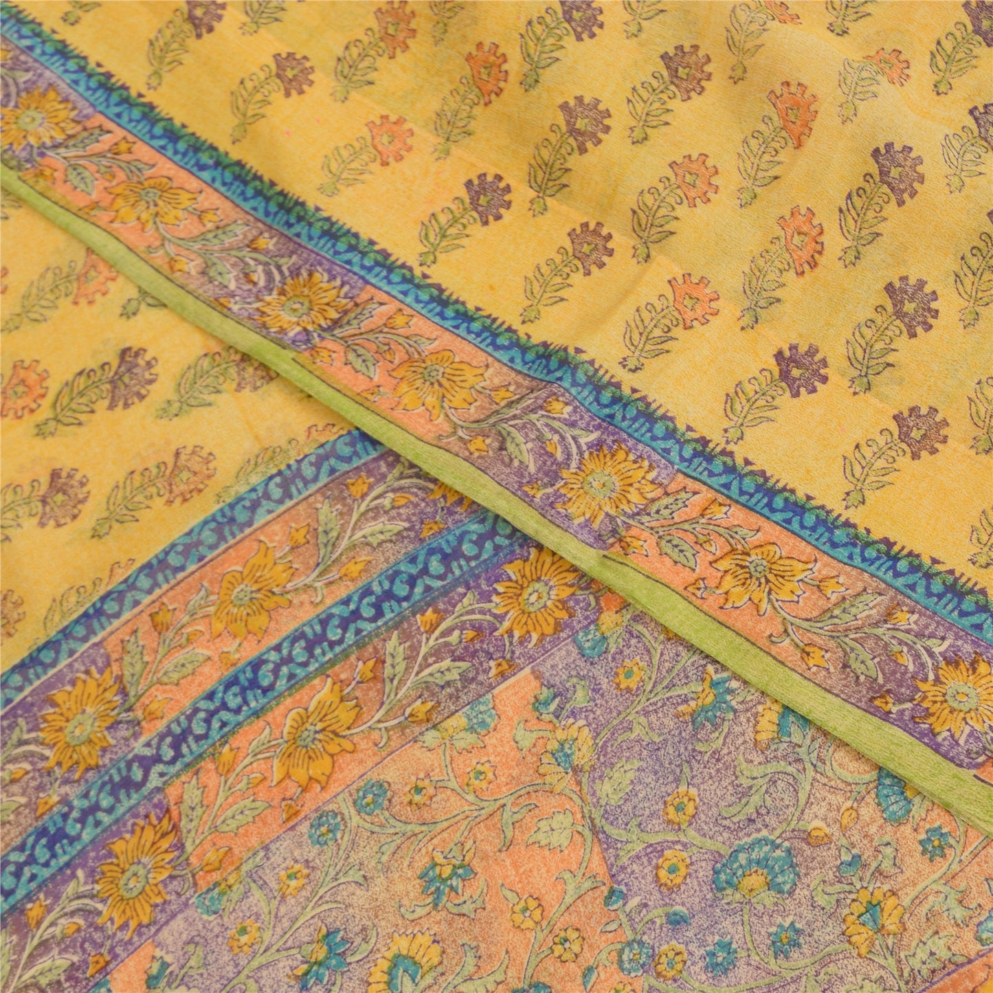 Sanskriti Vintage Sarees Yellow Pure Georgette Printed Sari 5+yd Craft Sustainable Fabric