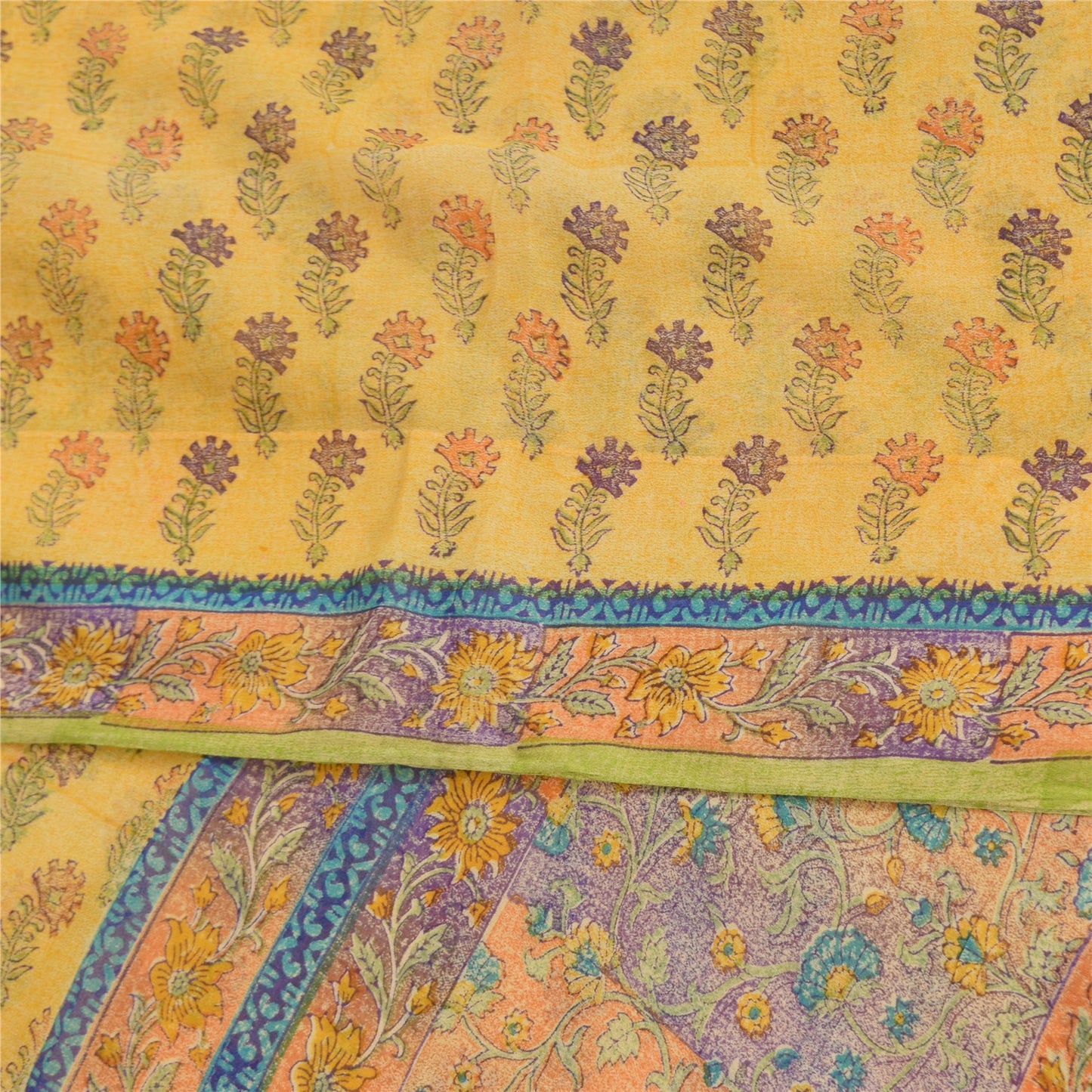 Sanskriti Vintage Sarees Yellow Pure Georgette Printed Sari 5+yd Craft Sustainable Fabric