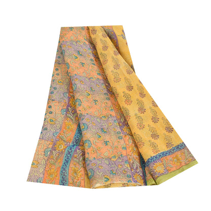Sanskriti Vintage Sarees Yellow Pure Georgette Printed Sari 5+yd Craft Sustainable Fabric