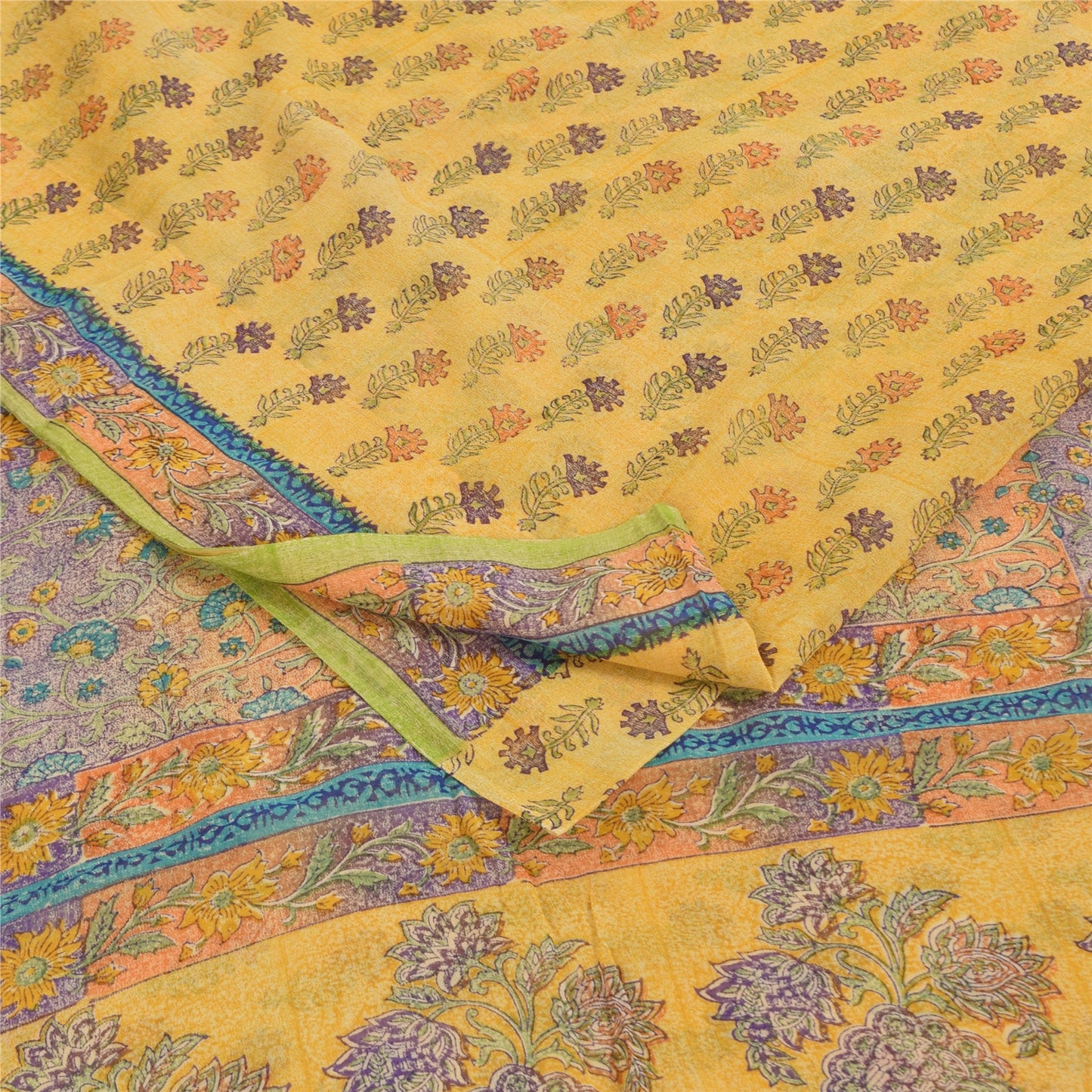 Sanskriti Vintage Sarees Yellow Pure Georgette Printed Sari 5+yd Craft Sustainable Fabric