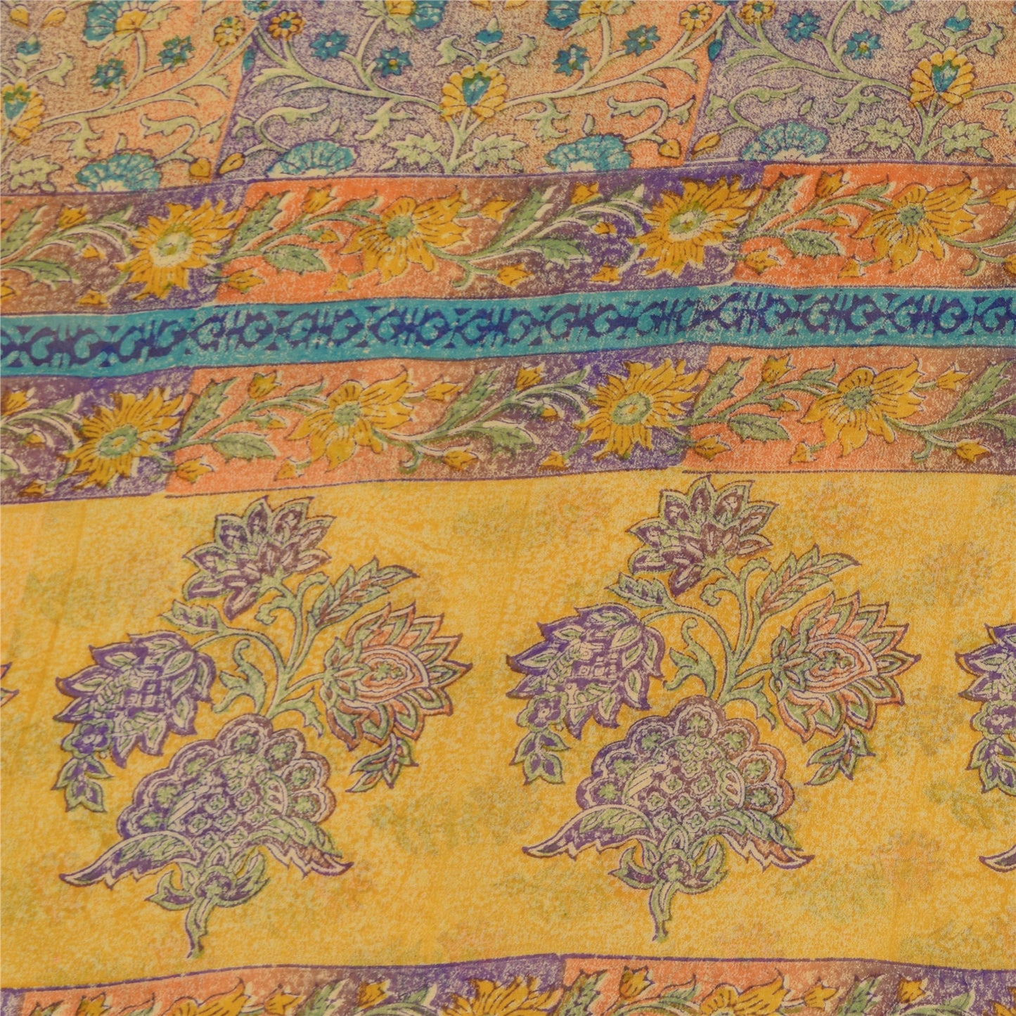 Sanskriti Vintage Sarees Yellow Pure Georgette Printed Sari 5+yd Craft Sustainable Fabric