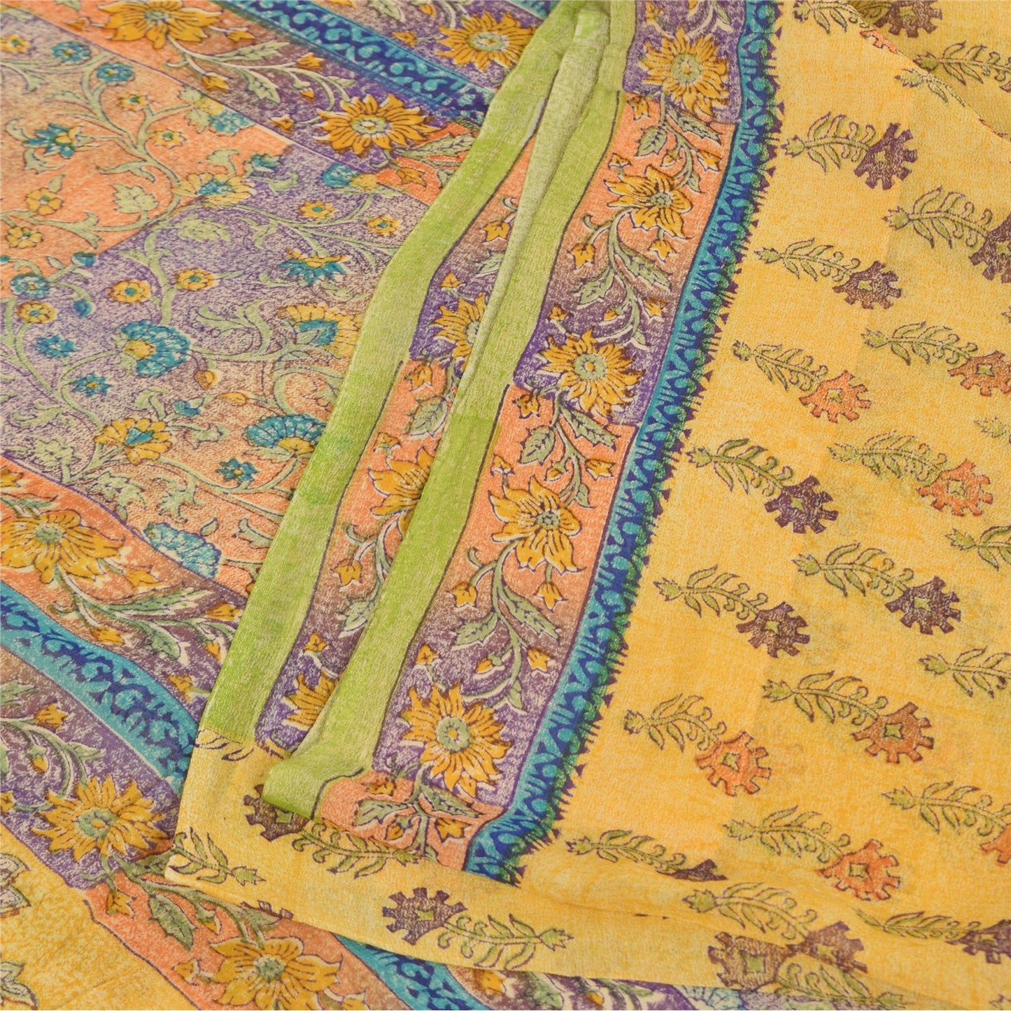 Sanskriti Vintage Sarees Yellow Pure Georgette Printed Sari 5+yd Craft Sustainable Fabric