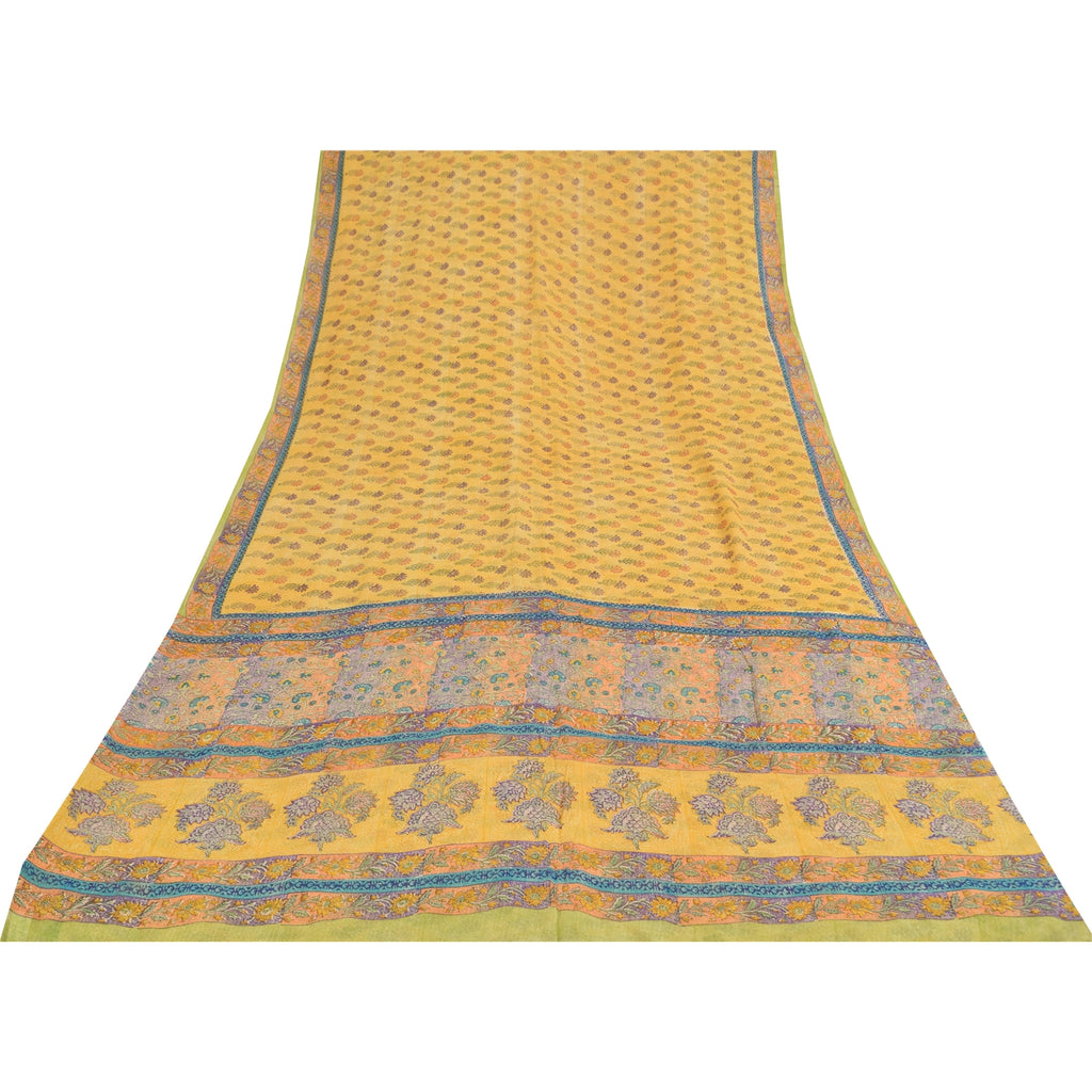 Sanskriti Vintage Sarees Yellow Pure Georgette Printed Sari 5+yd Craft Sustainable Fabric