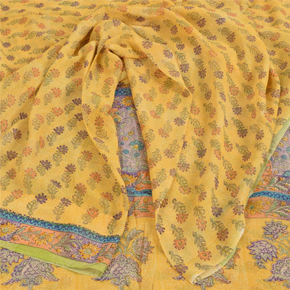 Sanskriti Vintage Sarees Yellow Pure Georgette Printed Sari 5+yd Craft Sustainable Fabric